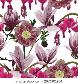 Patrón floral sin foco con magnolia tropical violeta rosa, flores anémonas con hojas sobre fondo blanco. Diseño de plantilla para textiles, interiores, ropa, papel pintado. Arte botánico. 