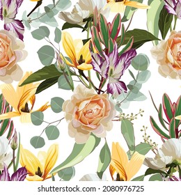 Seamless floral pattern with pink violet tropical magnolia, tulips, roses flowers with leaves with leaves on white background. Template design for textiles, interior, clothes, wallpaper. Botanical art