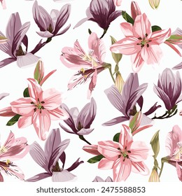 Patrón floral sin costuras con magnolias tropicales violeta rosa y flores de lirio con hojas sobre fondo blanco. Diseño de Plantilla para textiles, interior, ropa, Fondo de pantalla. Arte botánico. 