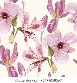 Seamless floral pattern with pink violet tropical magnolia and lily flowers with leaves on white background. Template design for textiles, interior, clothes, wallpaper. Botanical art. 