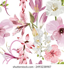 Seamless floral pattern with pink violet tropical magnolia and lily flowers with leaves on white background. Template design for textiles, interior, clothes, wallpaper. Botanical art. 