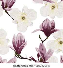 Seamless floral pattern with pink white tropical magnolia flowers branch on white background. Template design for textiles, interior, clothes, wallpaper. Botanical art. Engraving style.