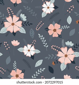 Seamless floral pattern. Pink and white flowers on a dark background. Leaves, branches, flowers, plants. Vector illustration for printing on fabric, wallpaper, wrapping paper