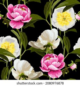 Seamless floral pattern, pink, white peony flowers on a black background. Design for wallpaper, fabric, wrapping paper, cover and more. 