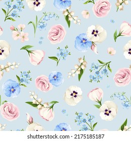 Seamless floral pattern with pink, white, and blue lisianthus flowers, pansy flowers, lily of the valley, and forget-me-not flowers on a blue background. Vector illustration