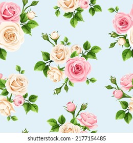 Seamless floral pattern with pink and white roses on a blue background. Vector illustration 