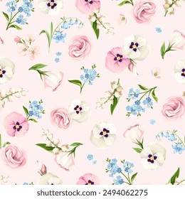 Seamless floral pattern with pink, white, and blue pansy, lisianthus, lily of the valley, and forget-me-not flowers on a pink background. Vector floral print. Hand-drawn illustration, not AI