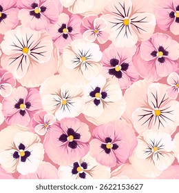 Seamless floral pattern with pink and white pansy flowers. Vector floral print. Hand-drawn illustration, not AI