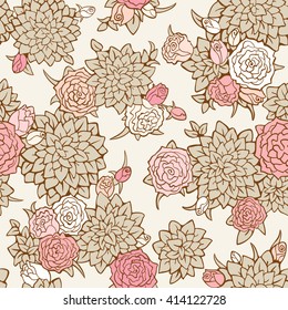 Seamless floral pattern with pink and white roses and leaves. Vector vintage background. May be use as digital paper, fills, print onto fabric.
