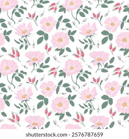 Seamless Floral Pattern with Pink Wild Roses