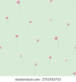 Seamless floral pattern with pink wild flowers on a soft light green background. Minimalist spring meadow texture for organic brand packaging, textile design, and nursery wallpaper.