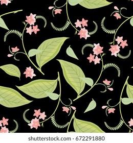 Seamless floral pattern with pink wild flowers on a black background.