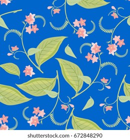 Seamless floral pattern with pink wild flowers on a blue background