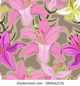 Patrón floral sin foco. Lirios rosados y amarillos sobre fondo gris .Vector.