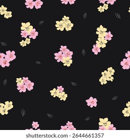 Seamless floral pattern with pink and yellow florals blossoms on black background for elegant textile and surface design