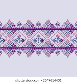 A seamless floral pattern in pixel art style inspired by traditional Thai weaving, featuring pink, purple, and blue tones in diamond shapes.