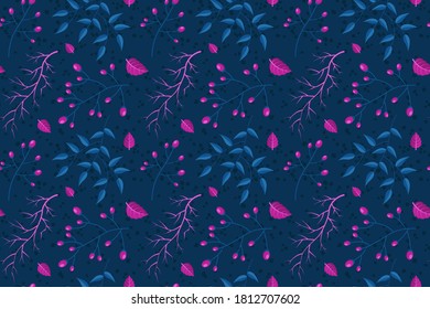 Seamless floral pattern with plants, berries and flowers dark
