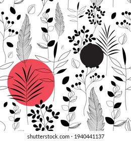 Seamless floral pattern of plants and flowers on a white background. Design for fabric or wallpaper