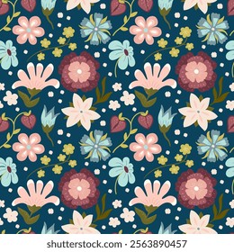 Seamless floral pattern with plants flowers, leaves, twigs. Colorful floral summer background. Vector design for wrapping, fabric, interior decor, textile, print, brochure, label, wallpaper