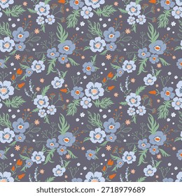 Patrón floral sin fisuras con plantas, flores, hojas, ramitas y bayas. Estampado botánico en colores de moda. Diseño de Vector para embalaje, tela, diseño de interiores, textiles, impresión, folletos, Fondo de pantalla