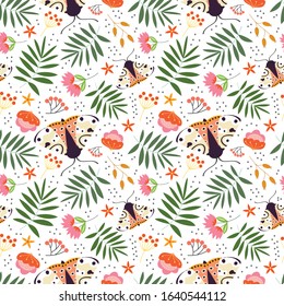 Seamless Floral Pattern with plants,flowers and moth in the white backdrop. creative pattern with garden concept