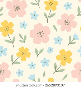Padrão floral sem costura com flores pastel divertidas em rosa, amarelo e azul em um fundo creme claro. Ideal para tecidos, itens infantis, papel de embrulho e artigos de papelaria alegres com tema feminino.