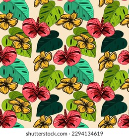 Seamless floral pattern with plumeria flowers and tropical leaves vector illustration 
