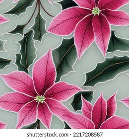 A seamless floral pattern of Poinsettia, Christmas plant, decoration pattern for present wrapping, cards.