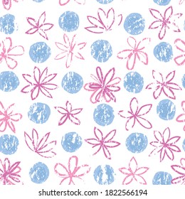 Seamless floral pattern with polka dot ornament. Stylish drawn dotted backdrop with flowers. Abstract textured circle and flowers ornament.