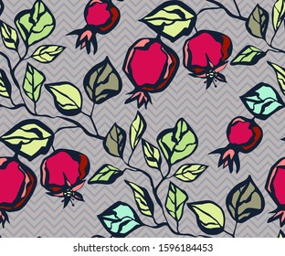 Seamless floral pattern with pomegranate and flowers. Ornamental decorative background. Vector pattern. Print for textile, cloth, wallpaper, scrapbooking