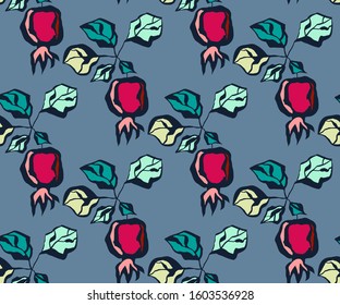 Seamless floral pattern with pomegranate and flowers. Ornamental decorative background. Vector pattern. Print for textile, cloth, wallpaper, scrapbooking