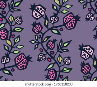 Seamless floral pattern with pomegranate and flowers. Ornamental decorative background. Vector pattern. Print for textile, cloth, wallpaper, scrapbooking
