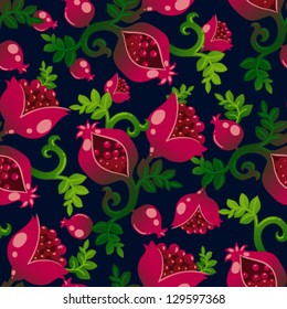 Seamless floral pattern with pomegranate and leaves.