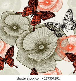 Seamless floral pattern with poppies and butterflies. Vector illustration.