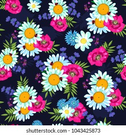Seamless floral pattern. Poppies, daisies, cornflowers, lavender. For textiles, background, paper, postcards, fabrics, decor on a dark blue background.