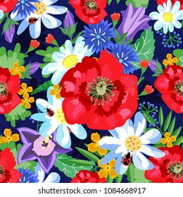 Seamless floral pattern with poppies, daisies, cornflowers on dark background. For textiles, background, Wallpaper, paper. Vector stock.