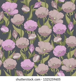 Seamless floral pattern of poppies, in hand style, with outline, in unsaturated colors, good for printing on fabric, on wallpaper, for background, for digital use, in spring and summer holidays