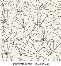 Seamless floral pattern with poppies. One line style hand drawn vector illustration.