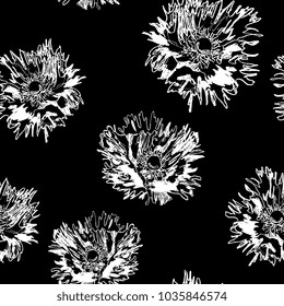 Seamless floral pattern with poppy flowers. Based on hand drawn linear ink sketch. White silhouettes on black background.