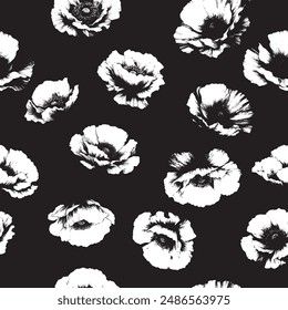 Seamless floral pattern. Poppy flowers. Textile composition, hand drawn style print. Vector black and white illustration. Flowers allover print