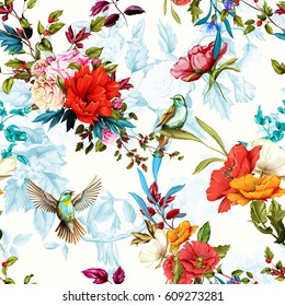 Seamless floral pattern. Poppy, wild blossom, rose, nightingale birds with leaves on flower background with humming bird. Watercolor, hand drawn, vector - stock.
