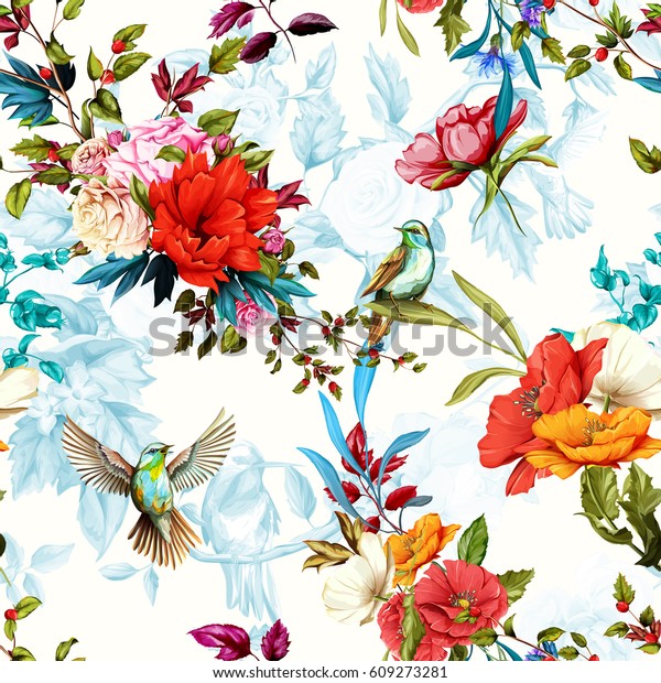 シームレスな花柄 花の背景にケシ 野性の花 バラ ナイチンゲールの鳥とハミング鳥 水の色 手描きの ベクター画像 ストック のベクター画像素材 ロイヤリティフリー