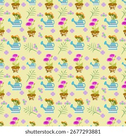 Patrón floral sin fisuras con plantas en macetas, regaderas y flores de colores. Brillante diseño floral sin fisuras con plantas en macetas, regaderas y flores, perfecto para el uso de productos digitales.