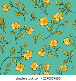 Seamless floral pattern, pretty ditsy print in retro style. Romantic botanical background with small yellow flowers, leaves, tiny twigs on a blue field. Vector illustration.