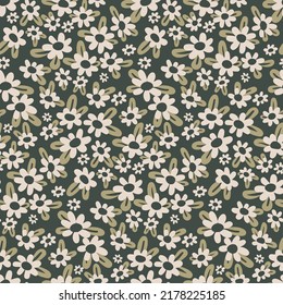 Seamless floral pattern, pretty ditsy print with daisies on a brown field. Botanical background design with hand drawn plants, cute small flowers, leaves. Vector illustration.
