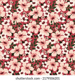 Seamless floral pattern, pretty ditsy print with artistic meadow. Romantic botanical background with simple design, small hand drawn plants, pink flowers, leaves. Vector illustration.