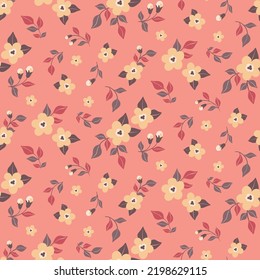 Seamless floral pattern, pretty ditsy print with liberty meadow, small decorative plants on a pink background. Cute botanical surface design with small flowers, leaves in delicate colors. Vector.