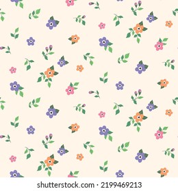 Seamless floral pattern, pretty ditsy print with liberty flower composition on white background. Romantic surface design with small hand drawn plants: cute flowers, leaves. Vector.