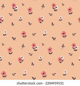 Seamless floral pattern, pretty ditsy print with small hand drawn daisies on a pink background. Cute botanical design with tiny flowers, leaves in an abstract arrangement. Vector illustration.
