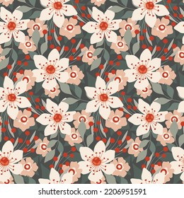 Seamless floral pattern, pretty ditsy print with decorative art winter meadow. Romantic botanical arrangement of small wild plants: flowers, berries, leaves on a gray background. Vector illustration.
